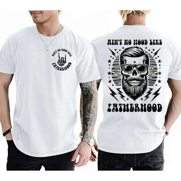 "Ain’t No Hood Like Fatherhood T-Shirt – Funny Dad Graphic Tee with Beard & Sunglasses Design"