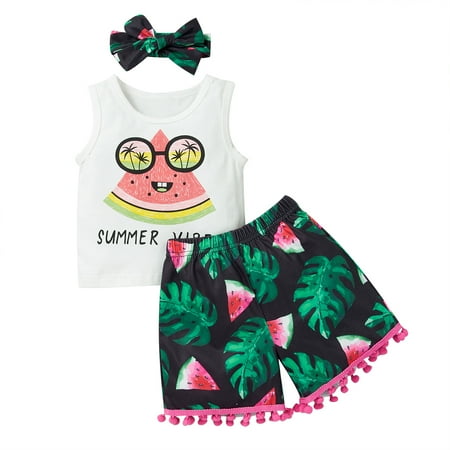 

YOYOXIU Toddler Girls Clothes Baby Girls Outfits 1-5T Girls Letter Print Sleeveless Tops Watermelon Shorts Headband 3PCS Set