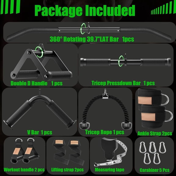 Cable Machine Attachment Set LAT Pulldown Attachments ,Cable Machine Accessories for Home Gym Weight Workout Include LAT Pulldown Bar,Double D Bar, Tricep Rope,V Bar