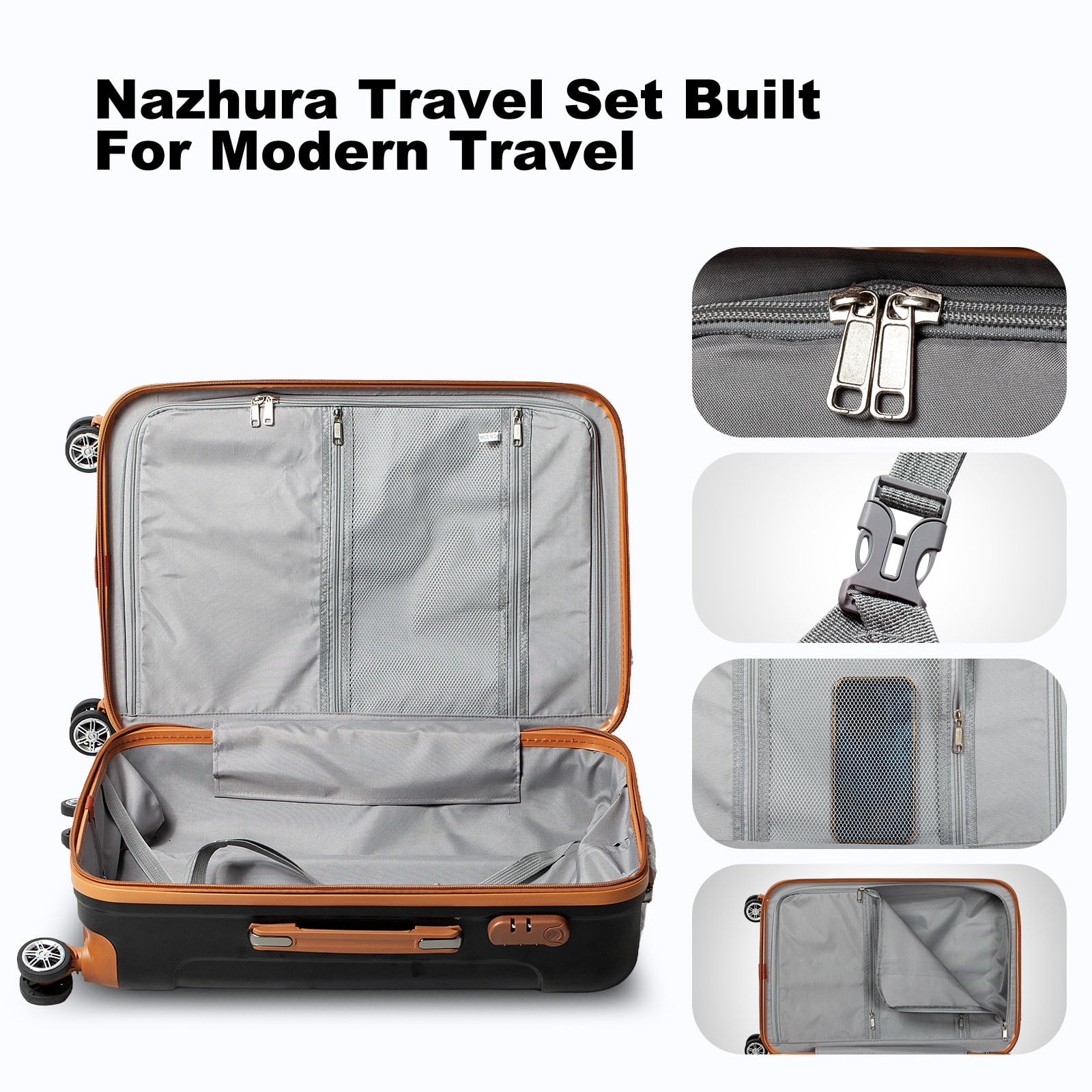 Nazhura Hard Shell Luggage Set, 3-Piece Hardside Suitcase Set, 20-inch, 22-inch, 28-inch Luggage, Carry on Luggage Set, Travel Luggage Set, Large Suitcase with Wheels, ABS Hardside (Black/Orange)