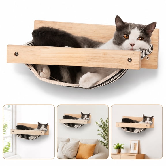 Zhihao Wall Mounted Cat Hammock, Wooden Cat Shelf Perch for Sleeping, Climbing and Lounging