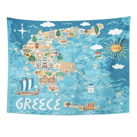 UFAEZU Island Map Greece Travel Greek Landmarks Building Plants and Traditional Food Beach Wall Art Hanging Tapestry Home Decor for Living Room Bedroom Dorm 51x60