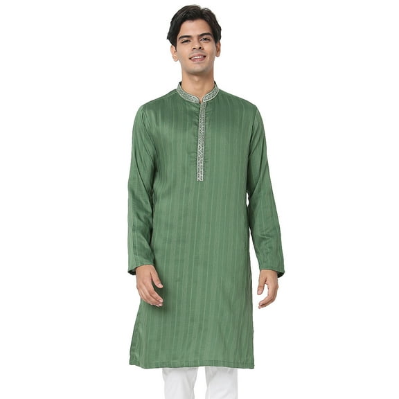 In-Sattva Men's Indian Embroidered Collar and Placket Striped Long Kurta Tunic; Jade Green; SM
