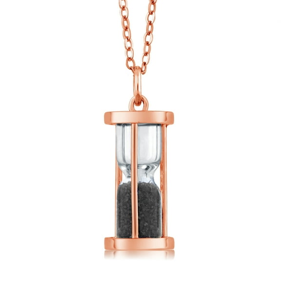 Gem Stone King 18K Rose Gold Plated Silver Hourglass Pendant Necklace 0.75 Ct Onyx Dust with 18" Chain