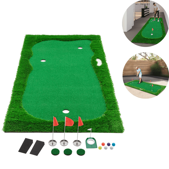 LuckyNote 10x5 Ft Golf Putting Green Mat, Premium Realistic Turf with 3 Holes, Flags & Cups for Indoor Outdoor Practice