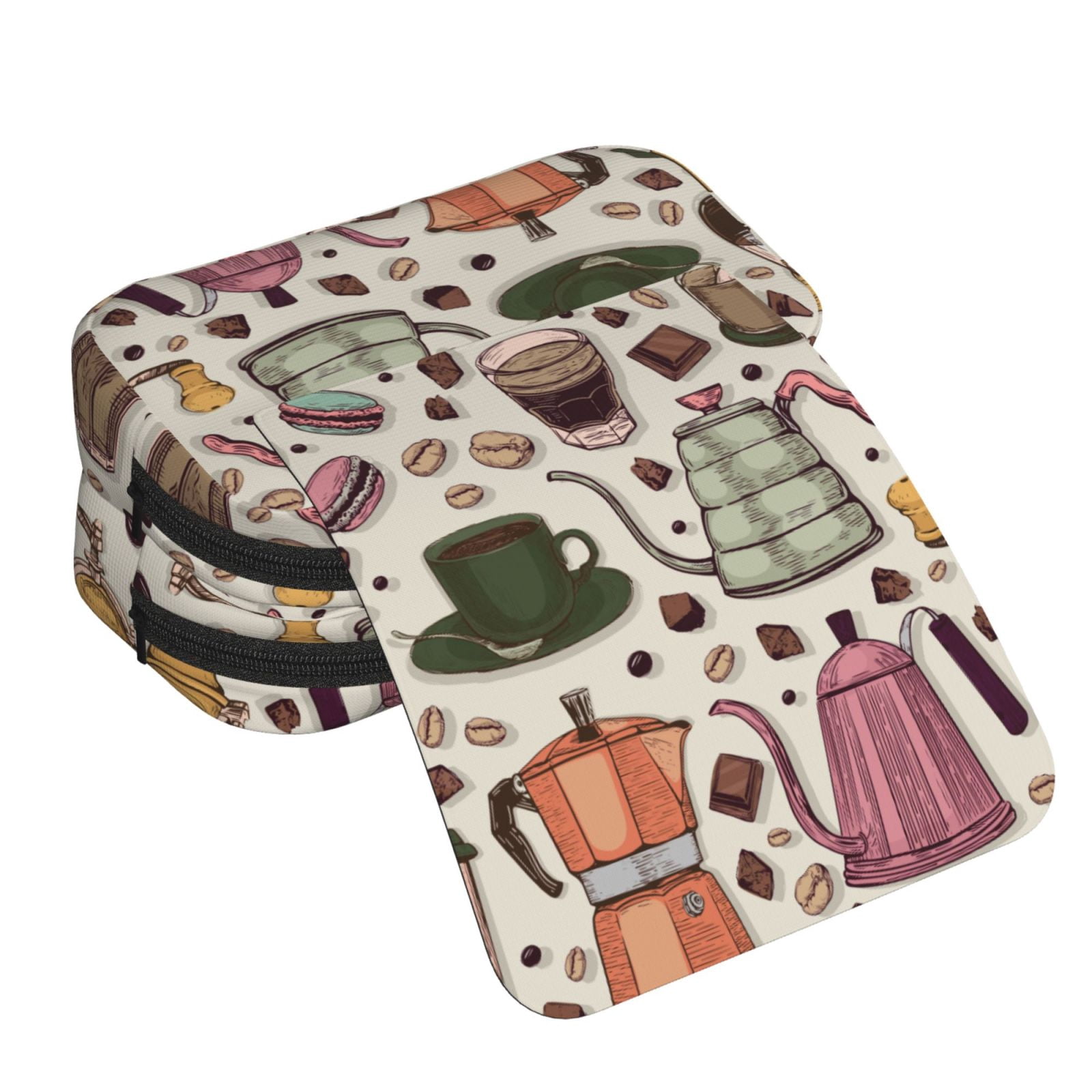 Rateoe Vintage Coffee Pattern Double Clamshell Pen Case, Storage Organizer with Two Zipper Compartments– Holds Up to 50 Pencils & Pens