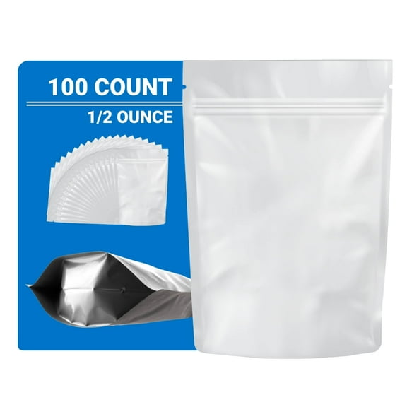 Loud Lock Mylar Bags 100 Count 8" x 5" All White - Resealable Food Storage Mylar Bags