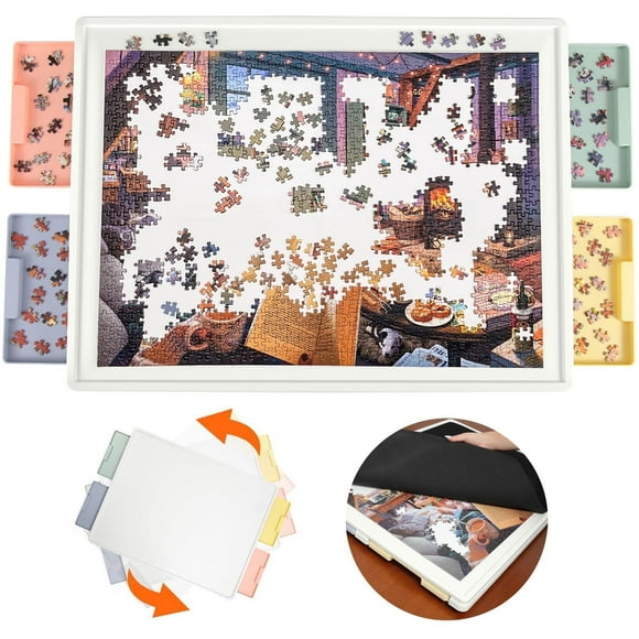 Playboda 1000 Piece Rotating Plastic Puzzle Board with Drawers and Cover, 30"x22" Portable Jigsaw Puzzle Table for Adults