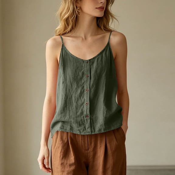 Uaswgudfs Women's Button Down Spaghetti Strap Tank Tops V Neck Loose Fit Casual Summer Cami Shirts