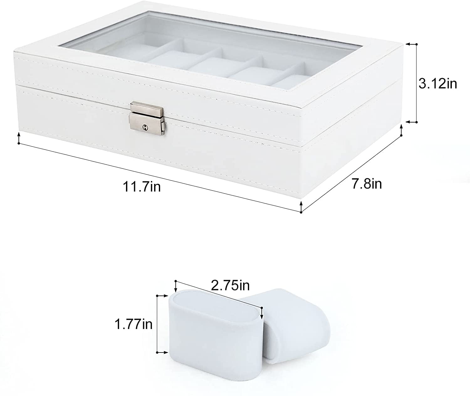 12 Slot Watch Case, Glass Top Lockable Jewelry Display Case, Synthetic