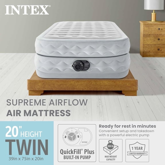 Supreme Air Flow Airbed, 20 Inch Raised Air Mattress with Internal / Built-in Pump and Portable Storage Carrying Case, Twin