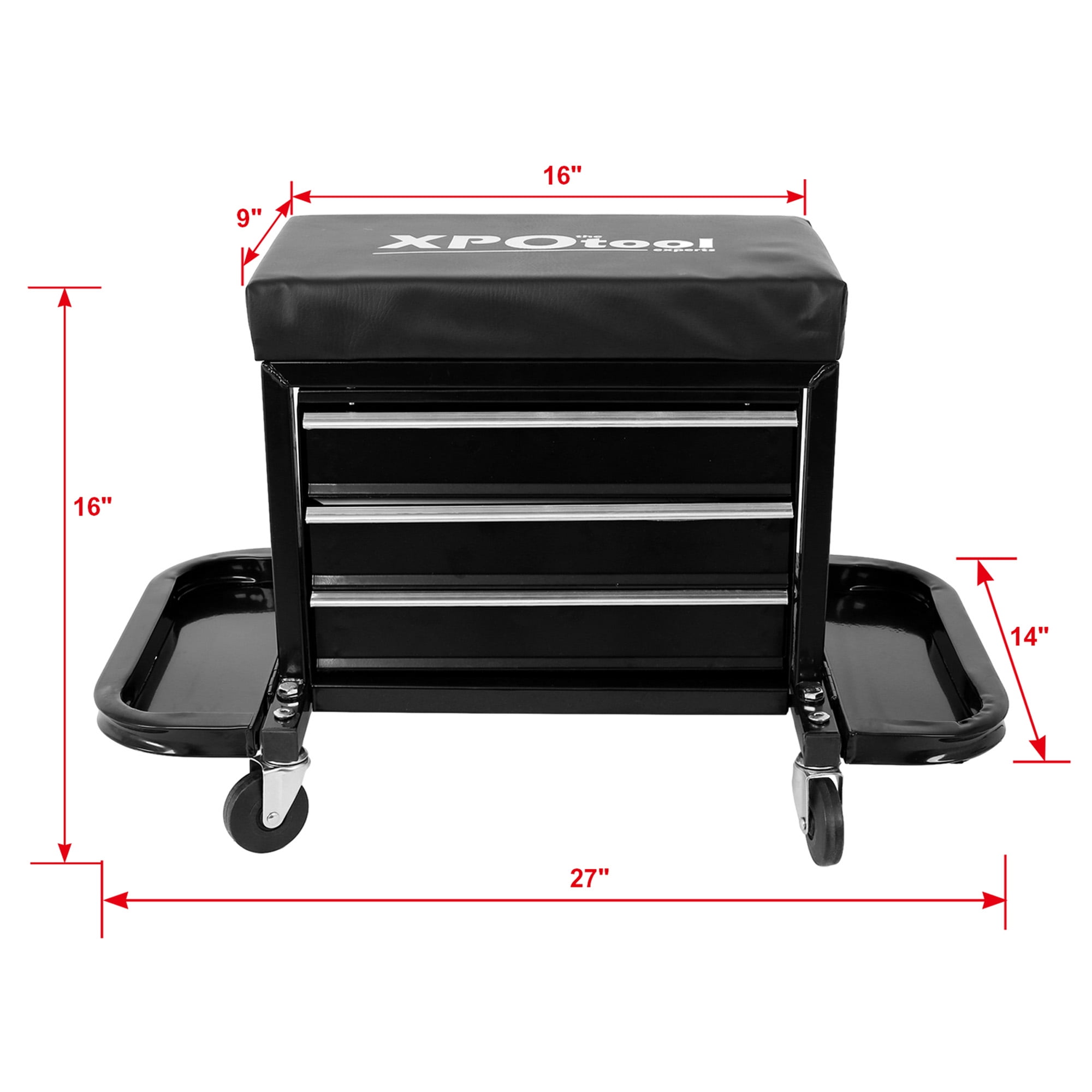 Aukfa Tool Chest Seat, Steel Rolling Tool Box with Wheels and Foldable Magnetic Storage Trays, 3-Drawers, 350LBS Capacity, Black