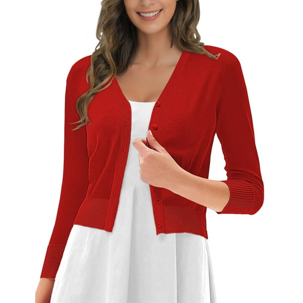 Traleubie Women's Sweaters Cardigan V neck Button Down Open Front Shrug Red Cardigan Sweaters