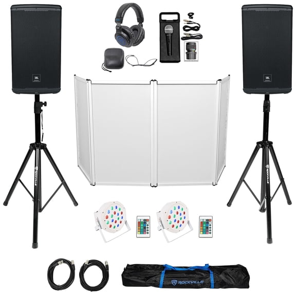 JBL DJ Package w/ (2) EON712 12" Speakers Facade Stands Lights Mic Headphones