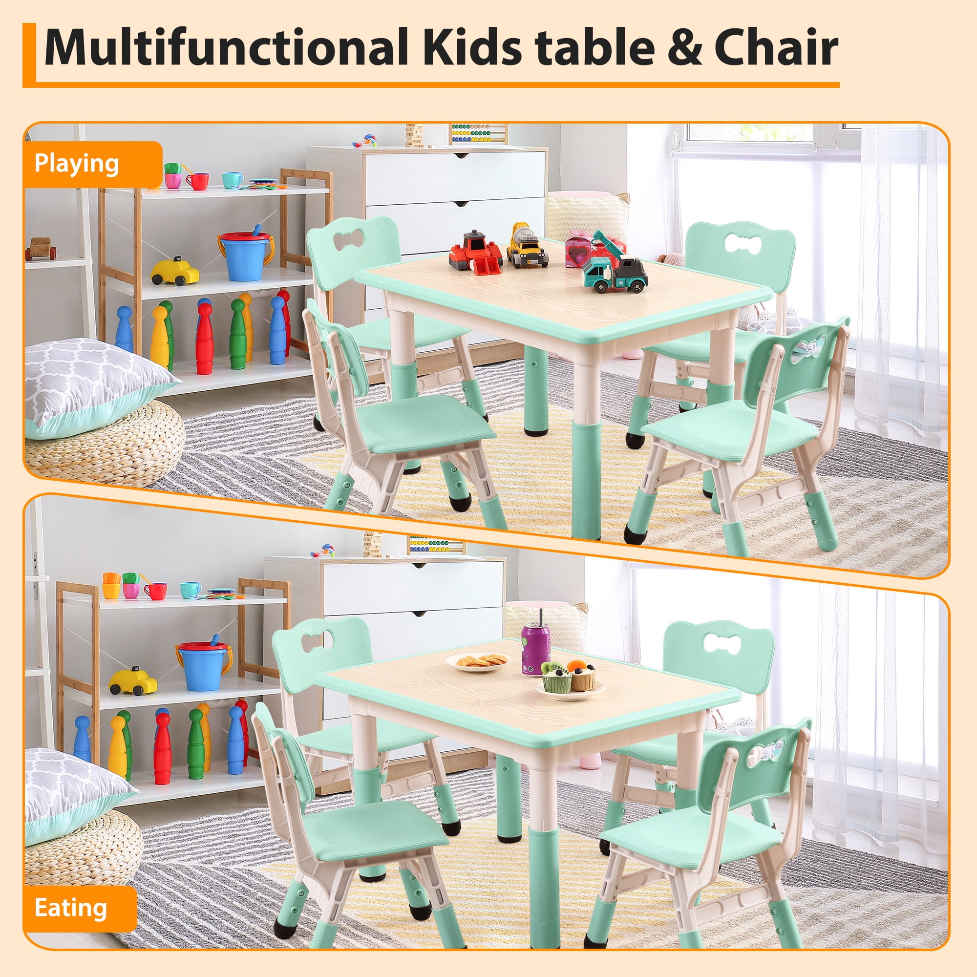 Toddler Table and Chair Set, Height Adjustable Kids Table and Chair Set of 4, Toddler Table for Reading, Drawing, Eating, for Ages Over 3, Light Blue