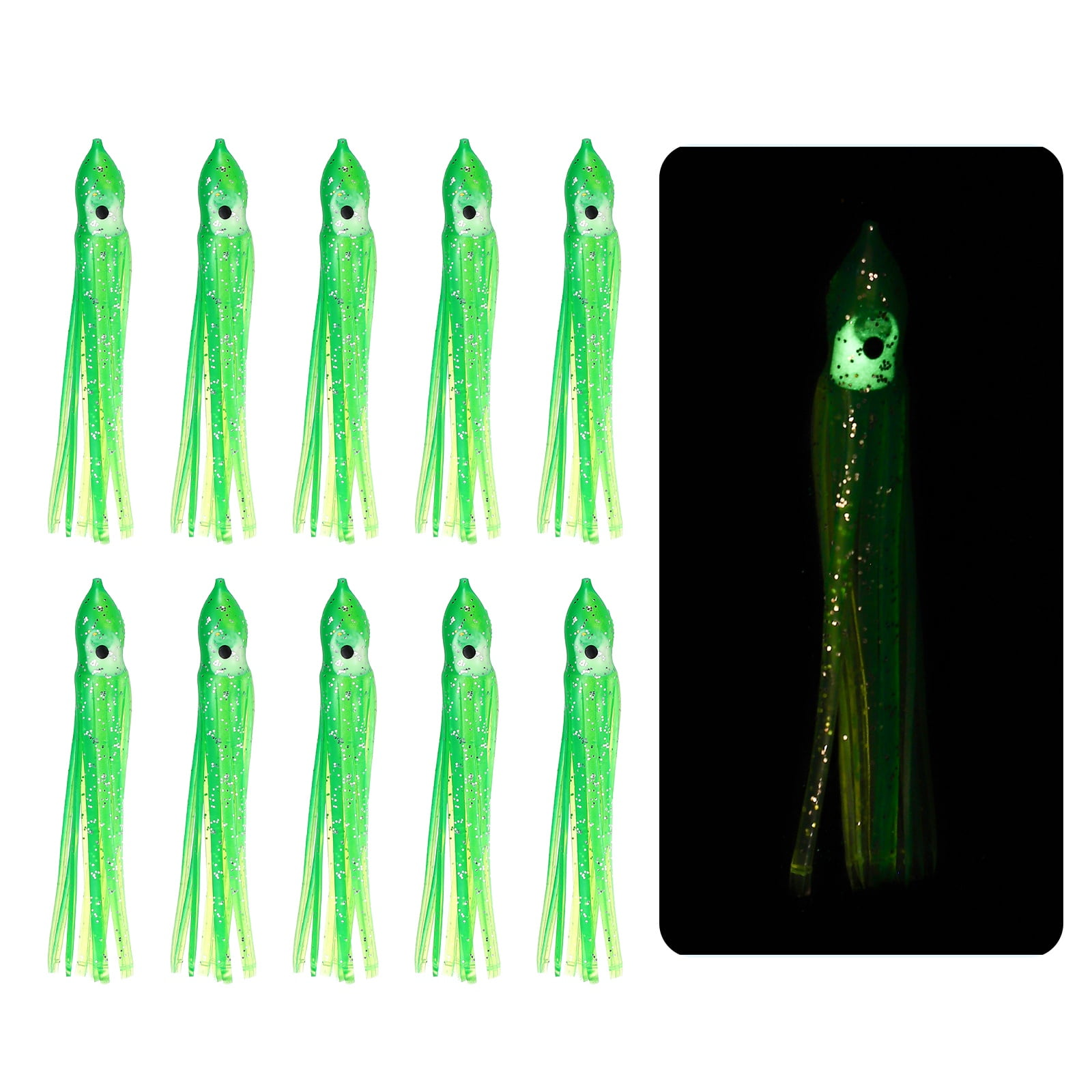 Fishing Squid Skirts Glow Soft Plastic Trolling Lures Luminous 2 x 0.3 Inch & 10 Pcs & Yellow/Green -Fitting for (Bass/Trout)