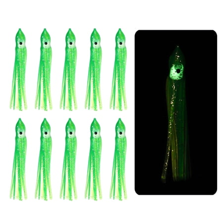 Fishing Squid Skirts Glow Soft Plastic Trolling Lures Luminous 2.8 x 0.4 Inch & 10 Pcs & Yellow/Green -Fitting for (Bass/Trout)