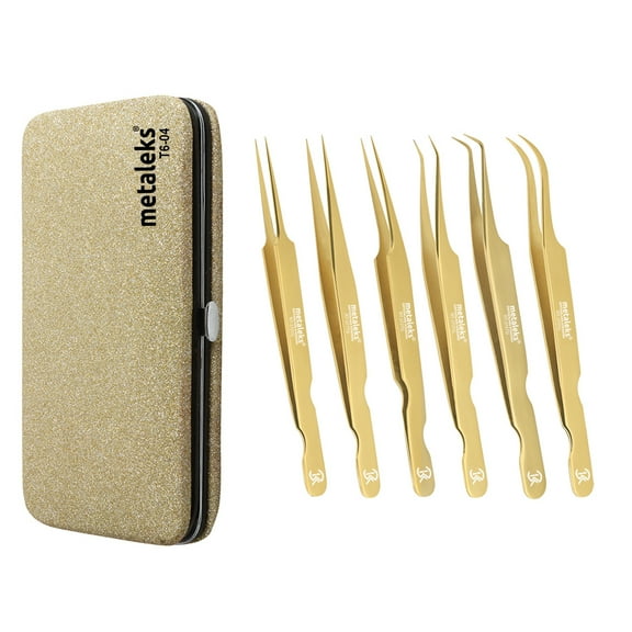 6PCS Complete Gold Titanium Coated Eyelash Extension Tweezers Set With Glitter Brown Magnetic Pouch
