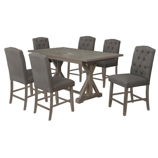 Ensemble de Salle à Manger en Bois Rustique 7pc avec Table et Chaises en Lin Gris