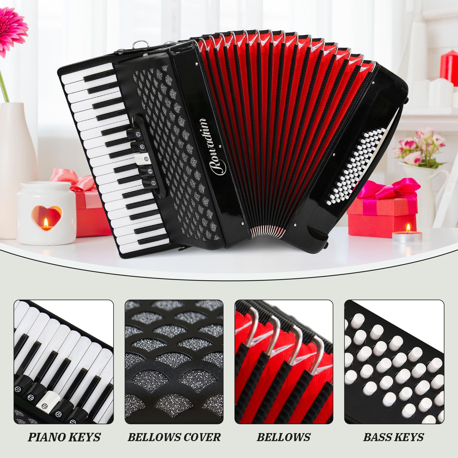 Rowadtim 34-Key Accordion, 60-Bass Accordion — Perfect for Beginners and Ideal Choice for Musicians and Teachers; with Carrying Case, Shoulder Strap, Gloves and  Cleaning Cloth (Black)
