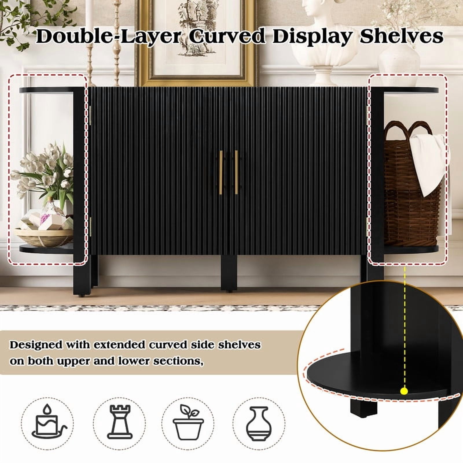 Accent Wavy Texture Buffet Table with Curved Extension Shelf, Mid-Century Modern Sideboard Storage Cabinet with Adjustable Shelf