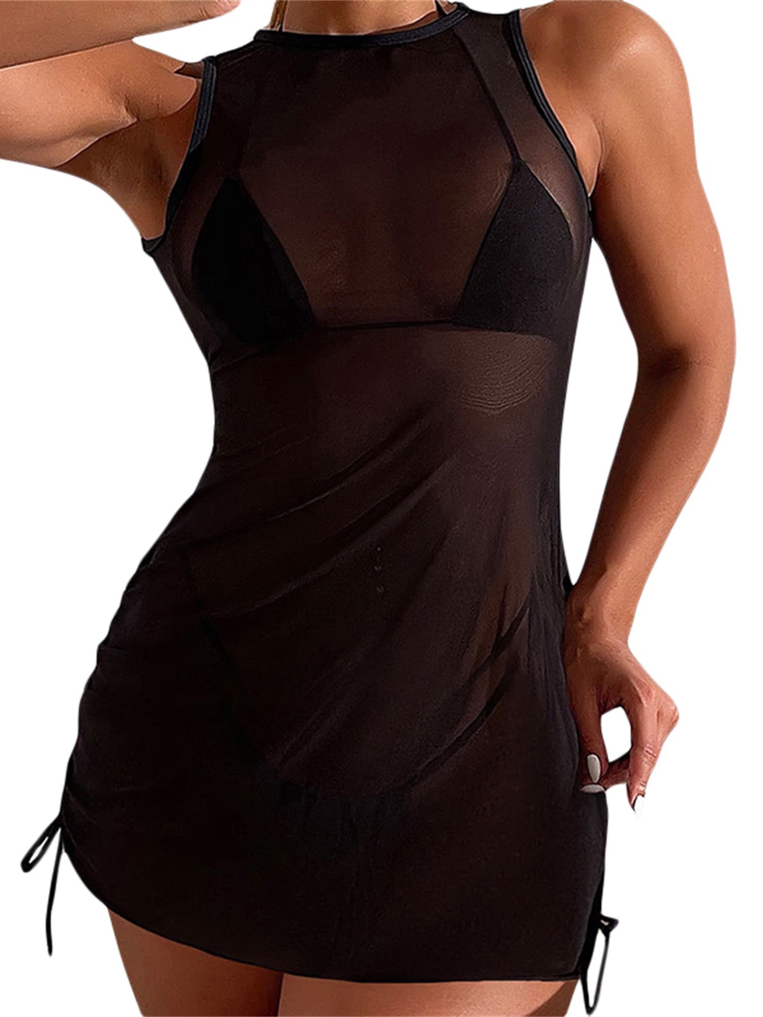 Licupiee Women Summer Bathing See Through Mesh Cover Up Sleeveless