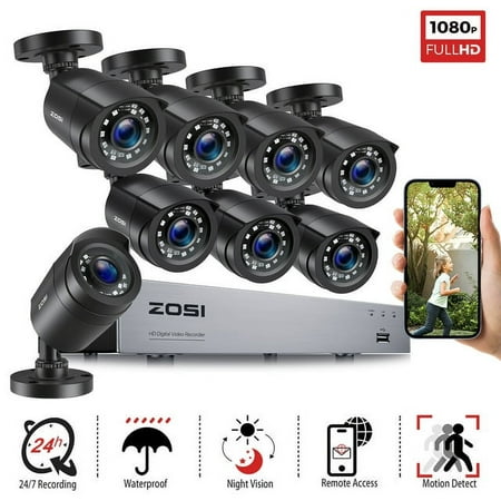 ZOSI H.265+ 8CH 5MP Lite DVR 1080P Home Security Camera System Outdoor, 8pcs 1080P 1920TVL Surveillance Weatherproof Bullet Cameras,80ft IR Night Vision,Motion Alert,Remote Access(No HDD , Wired)