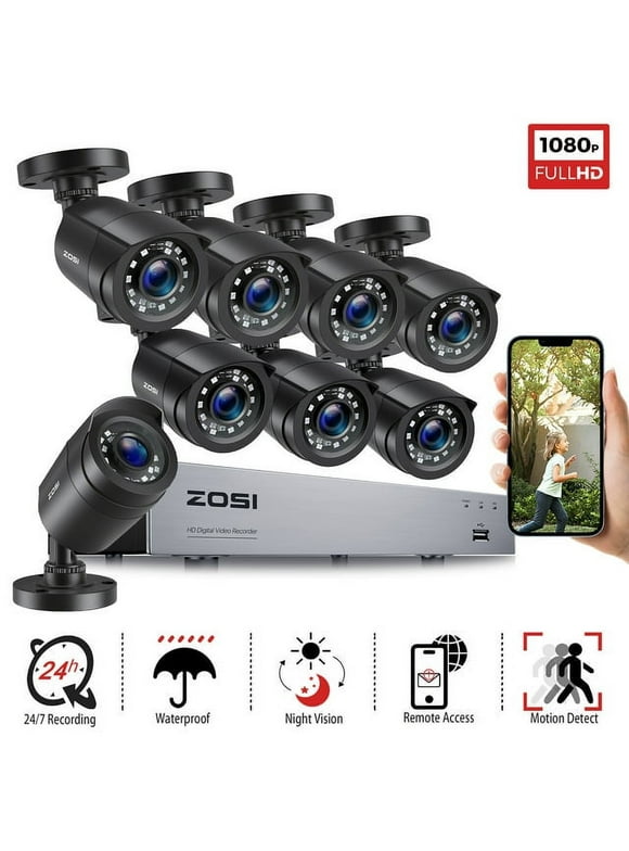 ZOSI H.265+ 8CH 5MP Lite DVR 1080P Home Security Camera System Outdoor, 8pcs 1080P 1920TVL Surveillance Weatherproof Bullet Cameras,80ft IR Night Vision,Motion Alert,Remote Access(No HDD , Wired)