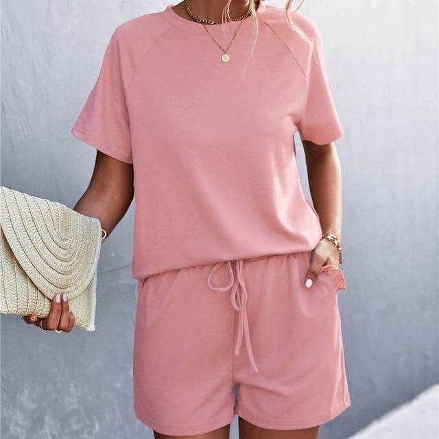 Georges Tailleurs pour Femmes Chic, Printemps et Été, Uni, Col Rond, Volants, Manches Courtes, Shorts, Ensemble Décontracté