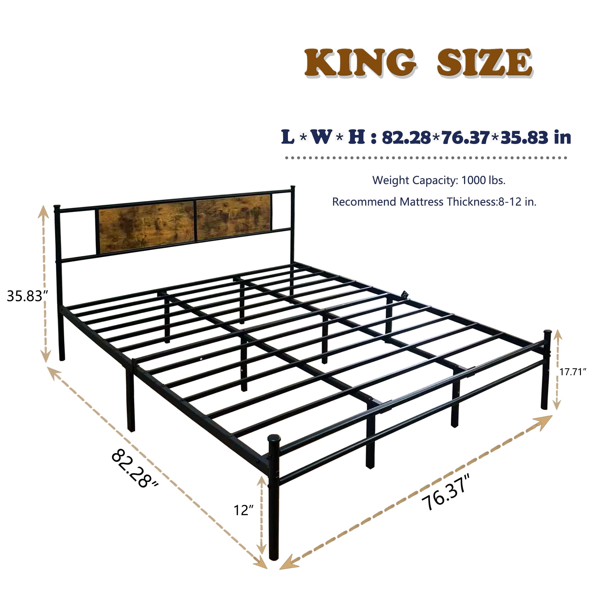 PORKISS King Size Metal Bed Frame with Headboard, Modern Platform Bed Frame, Holds 1000 lb, No Box Spring Needed, Suitable for Adult, Black