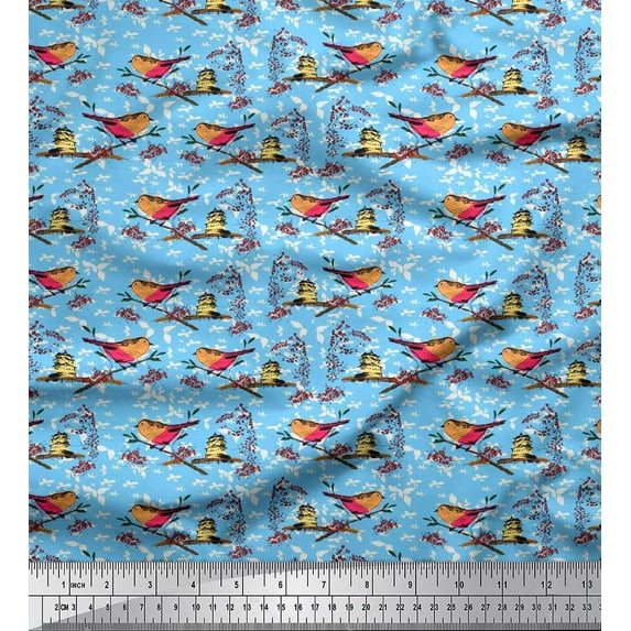 Soimoi Cotton Cambric Fabric Building,Leaves & Bird Artistic Print Fabric by The Yard 56 Inch Wide
