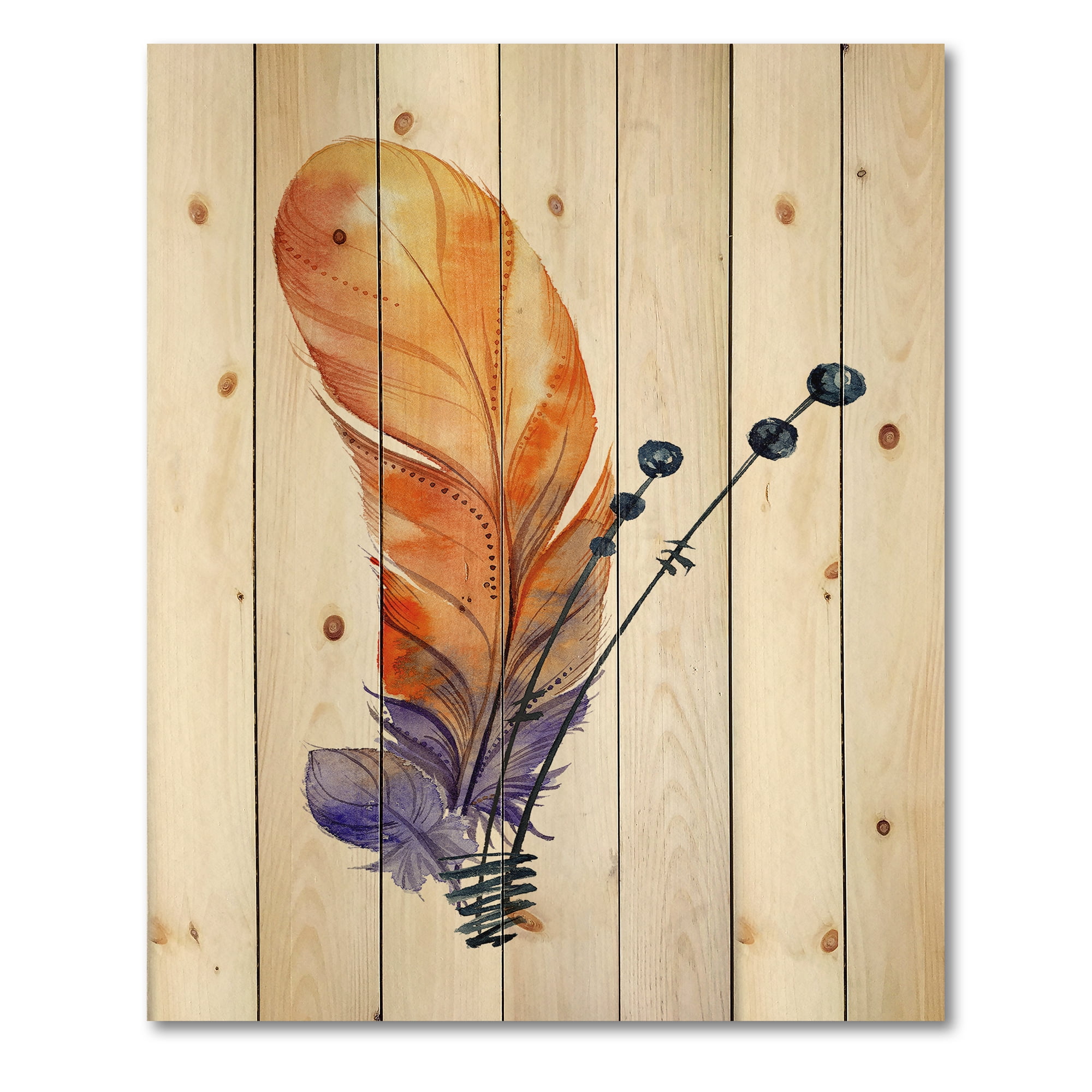 Designart 'Ethnic Orange Animal Feather Composition' Bohemian & Eclectic Print on Natural Pine Wood