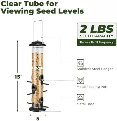 Metal Bird Feeders for Outdoors Hanging, Tube Bird Feeder with 6 Feeding Ports, 15 Inch, Chew-Proof & Weatherproof, Black