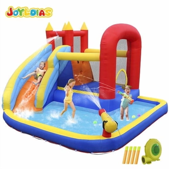 JOYLDIAS Kids Inflatable Water Slide Bounce House Splash Pool,Jumping Climbing with Air Blower,Water Guns