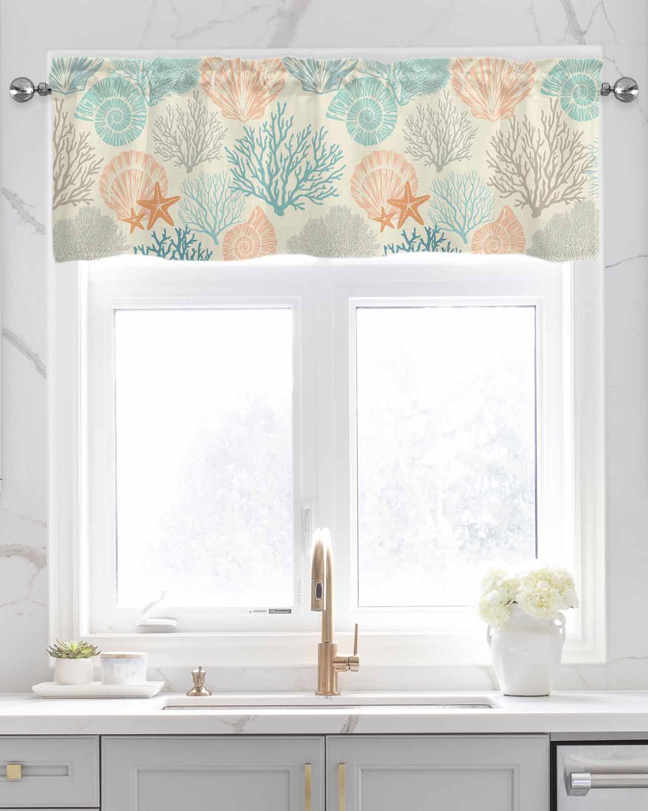 Coastal Turquoise Kitchen Valances for Windows Farmhouse Linen Window Valance Curtain for Living Room Window Treatment Ocean Coral Starfish Shell Modern Sea Valance Rod Pocket Topper, 60 x 18 Inch