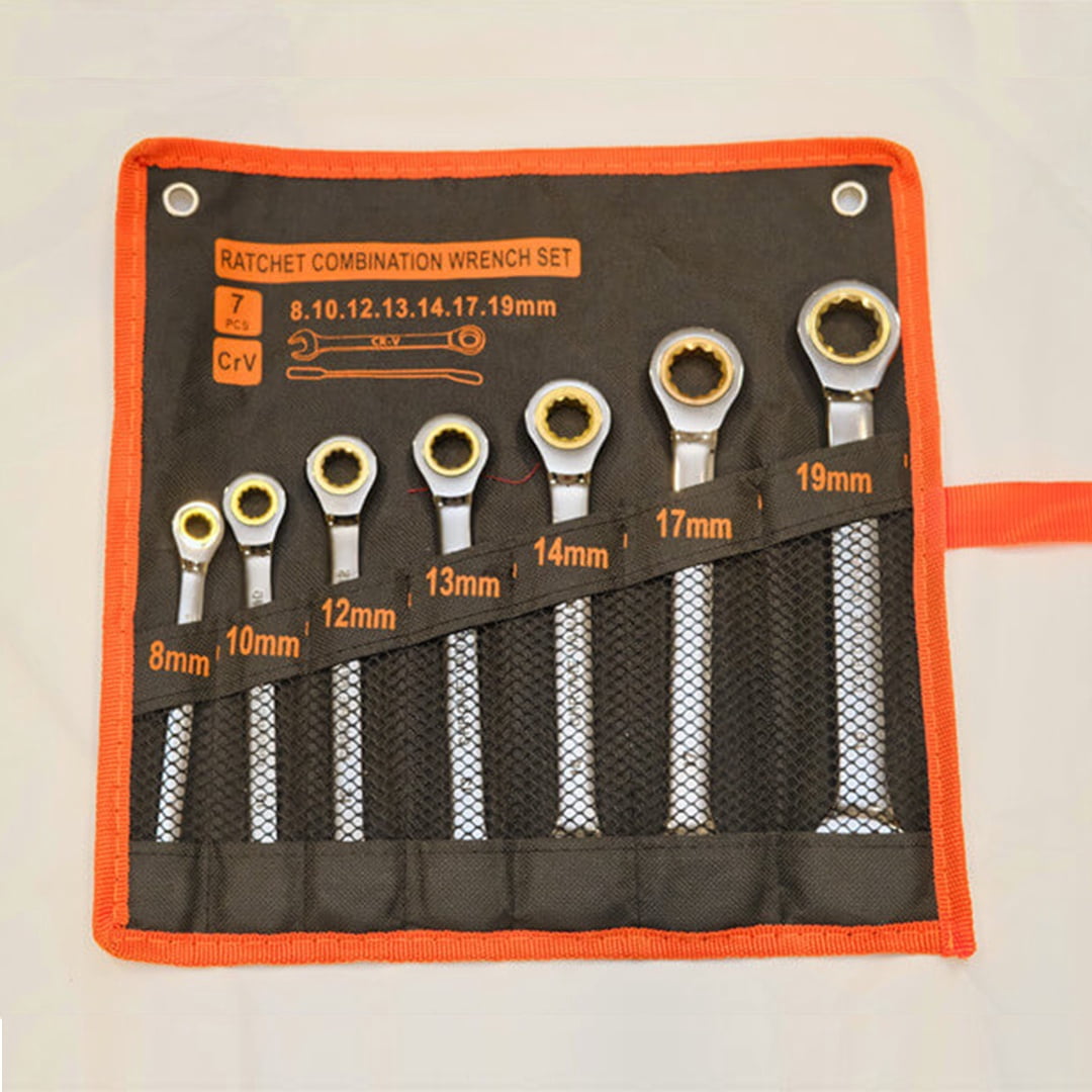 KINGWOLF 7-Piece Metric Combination Ratchet Wrenches Set, 8-19mm CR-V Ratcheting Wrench Set with Tool Pouch