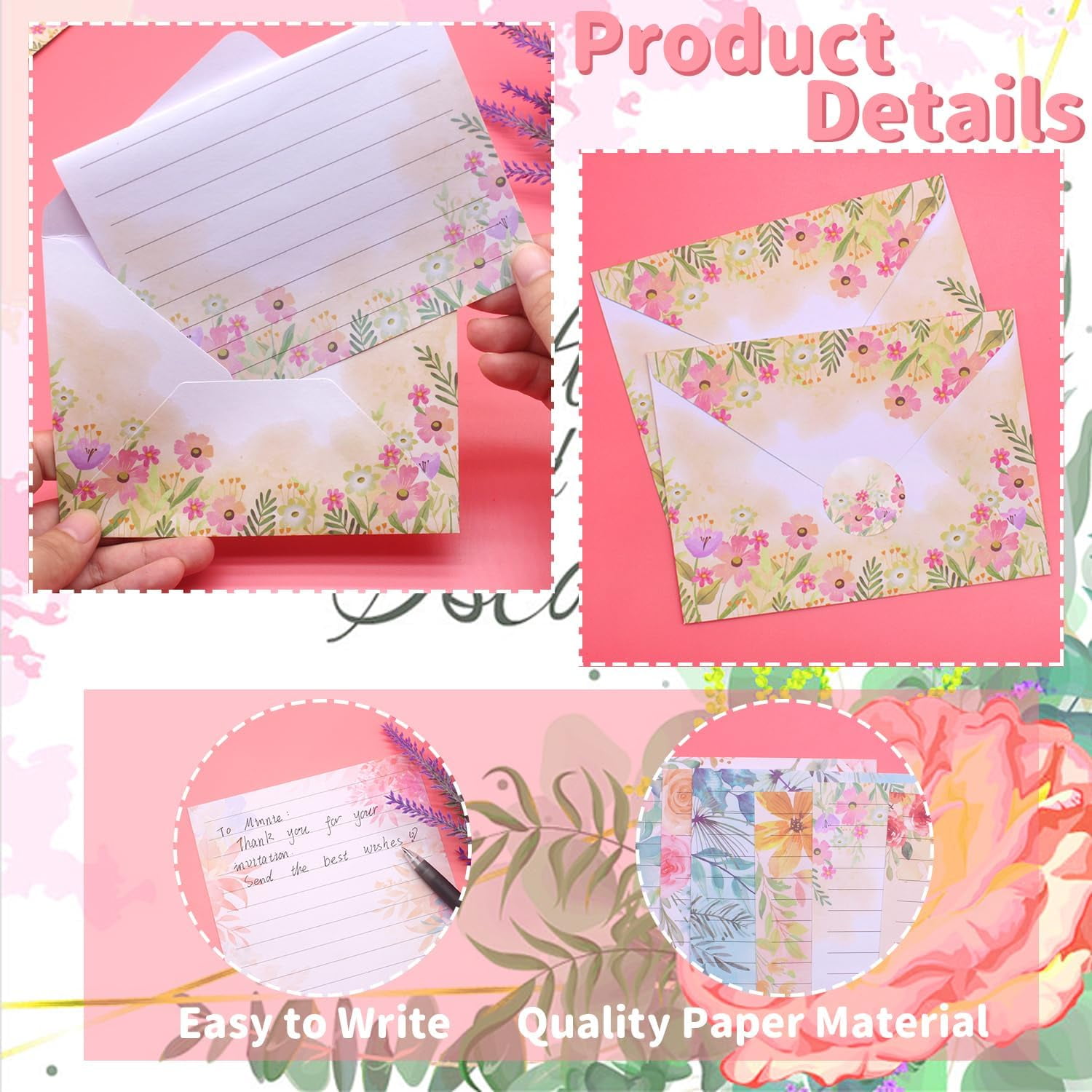 160-sheet stationery set including 50 matching envelopes, 50 single-sided writing sheets, 60 polka dot stickers, suitable for school office supplies, 10 designs, size 5.5 x 8.25 inches (flower)