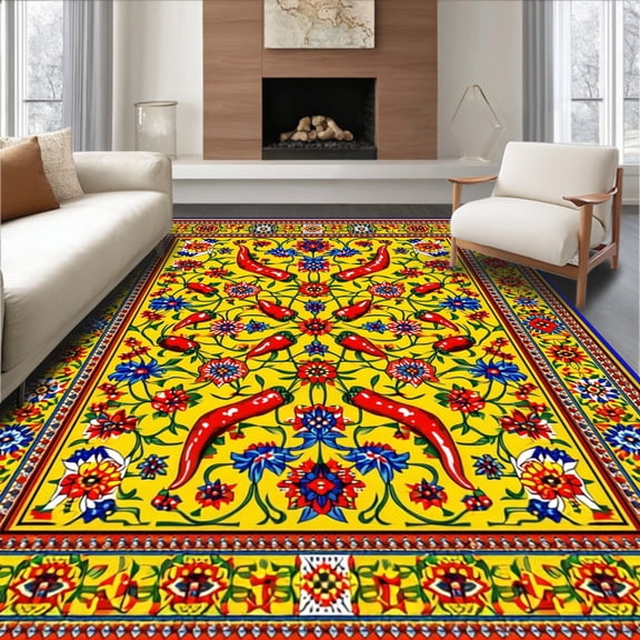 ODIKA 4'x6' Machine Washable Non-Slip Area Rug, Colorful Talavera Half Circle with Chili Pepper and Floral Motifs High Traffic Rug, Yellow, 66198