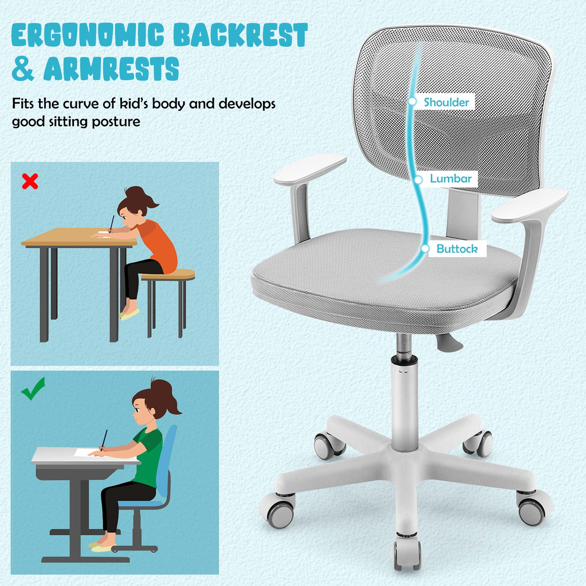 Costway Kids Desk Chair Study Computer Chair with Adjustable Height, Lumbar Support Grey