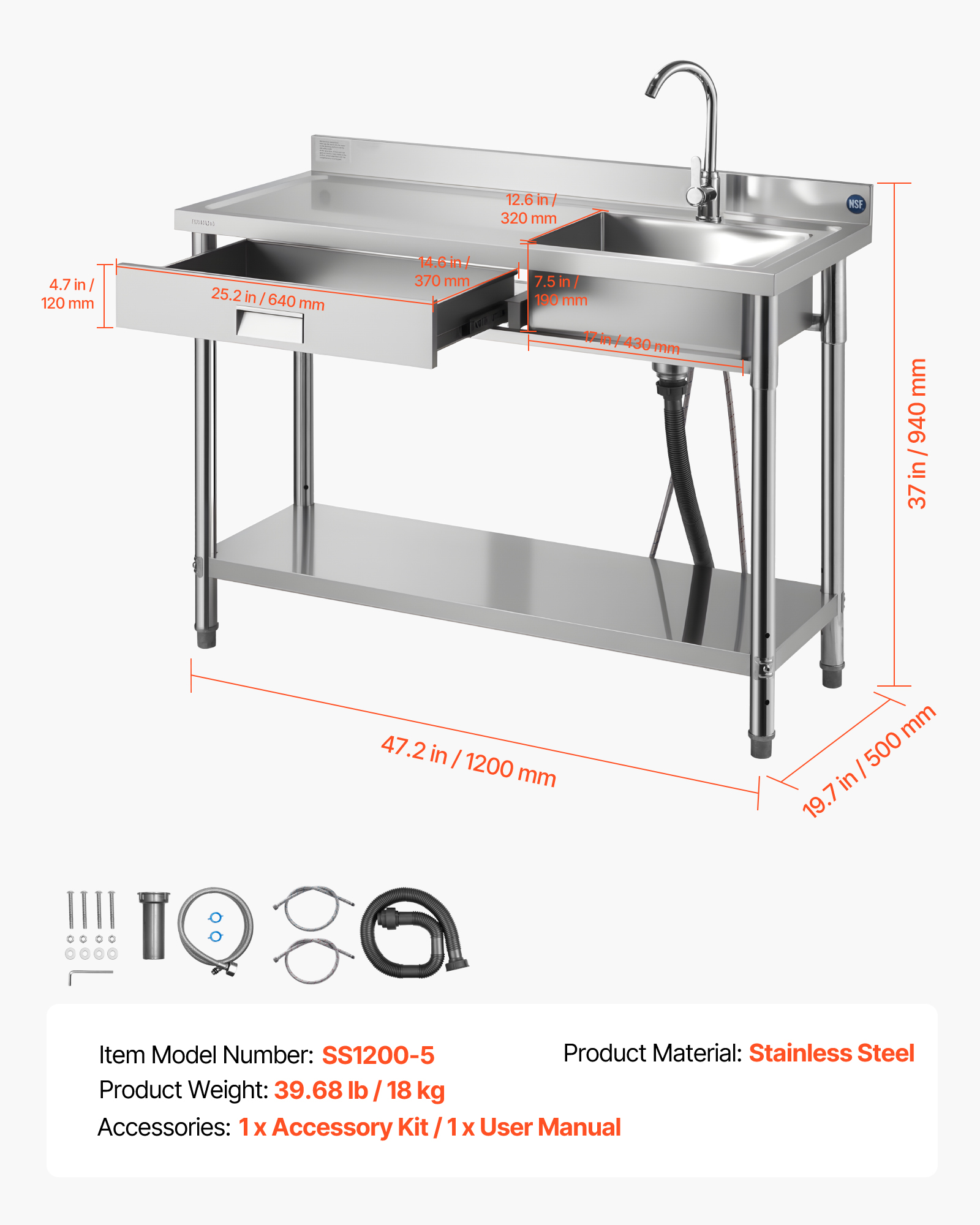 VEVOR Stainless Steel Utility Sink, Rolling Single Bowl Commercial Kitchen Sink with Drawer, Faucet and Hot & Cold Water Pipe, Utility Basin for Garage, Restaurant, Laundry, 47.2 x 19.7 x 37 in