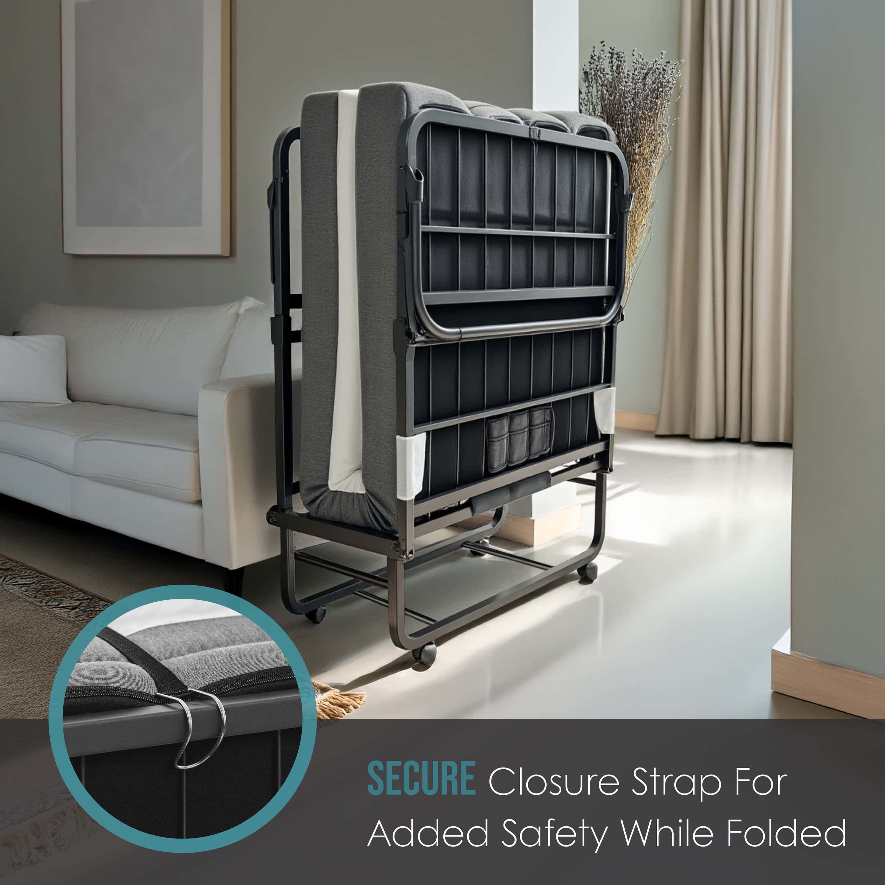 LammaLoe Folding Bed with Mattress, 5" Memory Foam Roll away Bed with Sturdy Steel Frame, Locking Wheels & Storage Cover, Twin Foldable Bed 75" x 38"