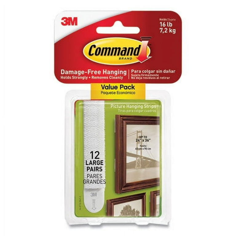 Picture Hanging Strips, Large, Removable, Holds Up to 4 lbs per Pair, 0.75 x 3.65, White, 12 Pairs/Pack Picture Hanging Strips, Large, Removable, Holds Up to 4 lbs per Pair, 0.75 x 3.65, White, 12 Pairs/Pack