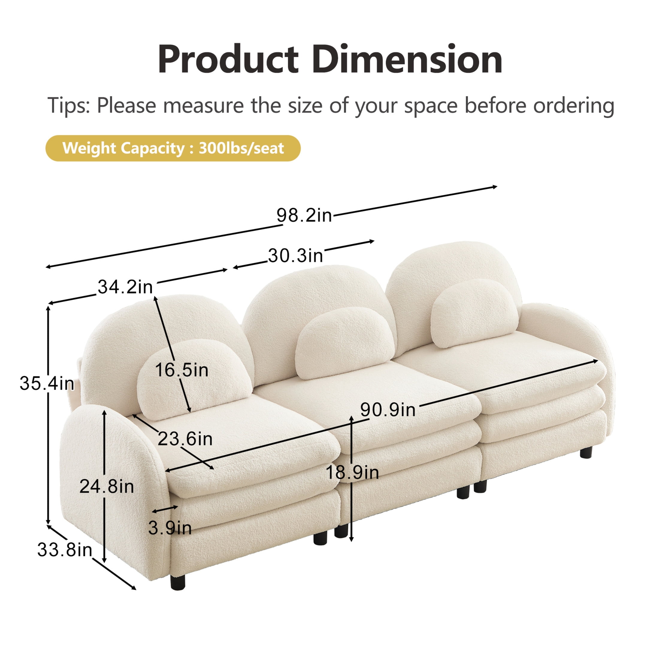 Noble House Windsor Teddy Fabric 3-Seater Sectional Sofa, Modular Cloud Couch with Lumbar Pillows, Beige