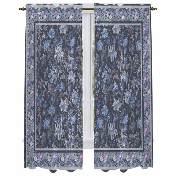 Navy Blue Floral Boho Kitchen Curtain for Berdoom Living Room Cafe 72 Inch Length, Ethnic Tribe Abstract Flower Tiers Curtains Light Filtering Drapes Rod Pocket Window Treatment 2 Panels 52"Wx72"L