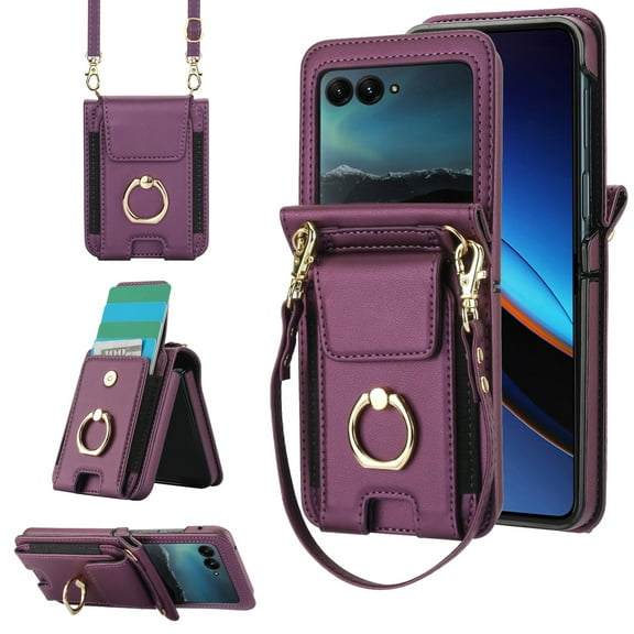 Compatible with Motorola Razr  2024 Wallet Phone Case,With Finger Ring Holder,Lanyard&Shoulder Strap,Back Card Slots,PU Leather Shockproof Rugged Crossbody Phone Case,Darkpurple