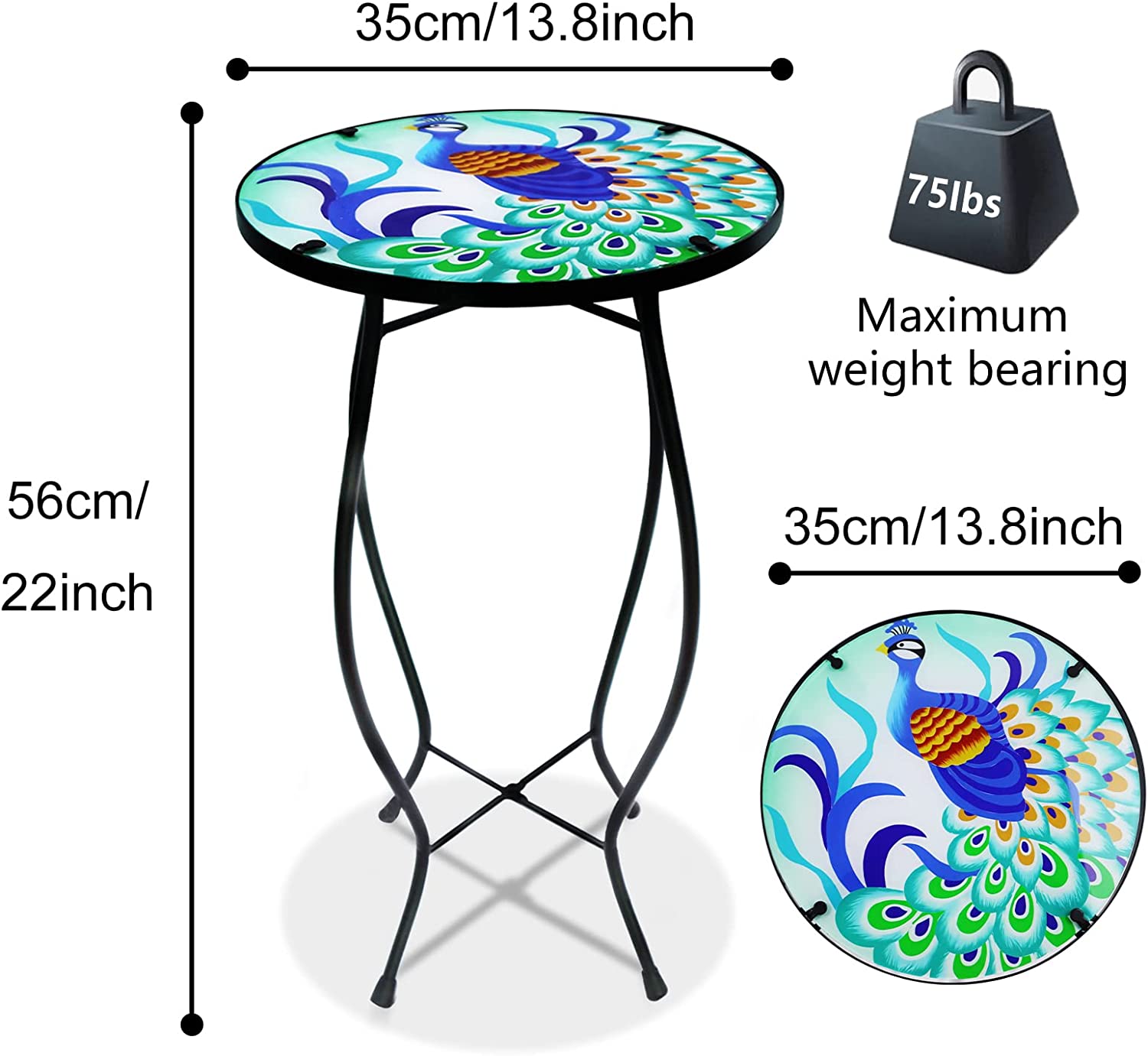 Patio Side Table Outdoor Mosaic Table Accent Coffee Table,Plant End Table Small Porch Peacock Table Indoor,Round Glass Balcony Small Porch Plant Table Stands for Garden Patio Living Room 14 Inch