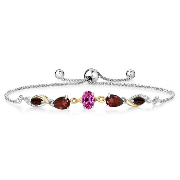 Gem Stone King 925 Silver and 10K Yellow Gold Pink Created Sapphire and Red Garnet and Lab Grown Diamond Tennis Bracelet for Women By Keren Hanan (1.84 cttw, Adjustable up To 9 inch)