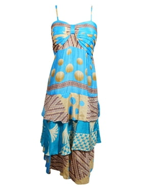 Mogul Women Boho Strap Summer Ruffle Dress, Blue Beach Dress, Spaghetti Strap Recycled Silk Dresses, Beach dresses SM