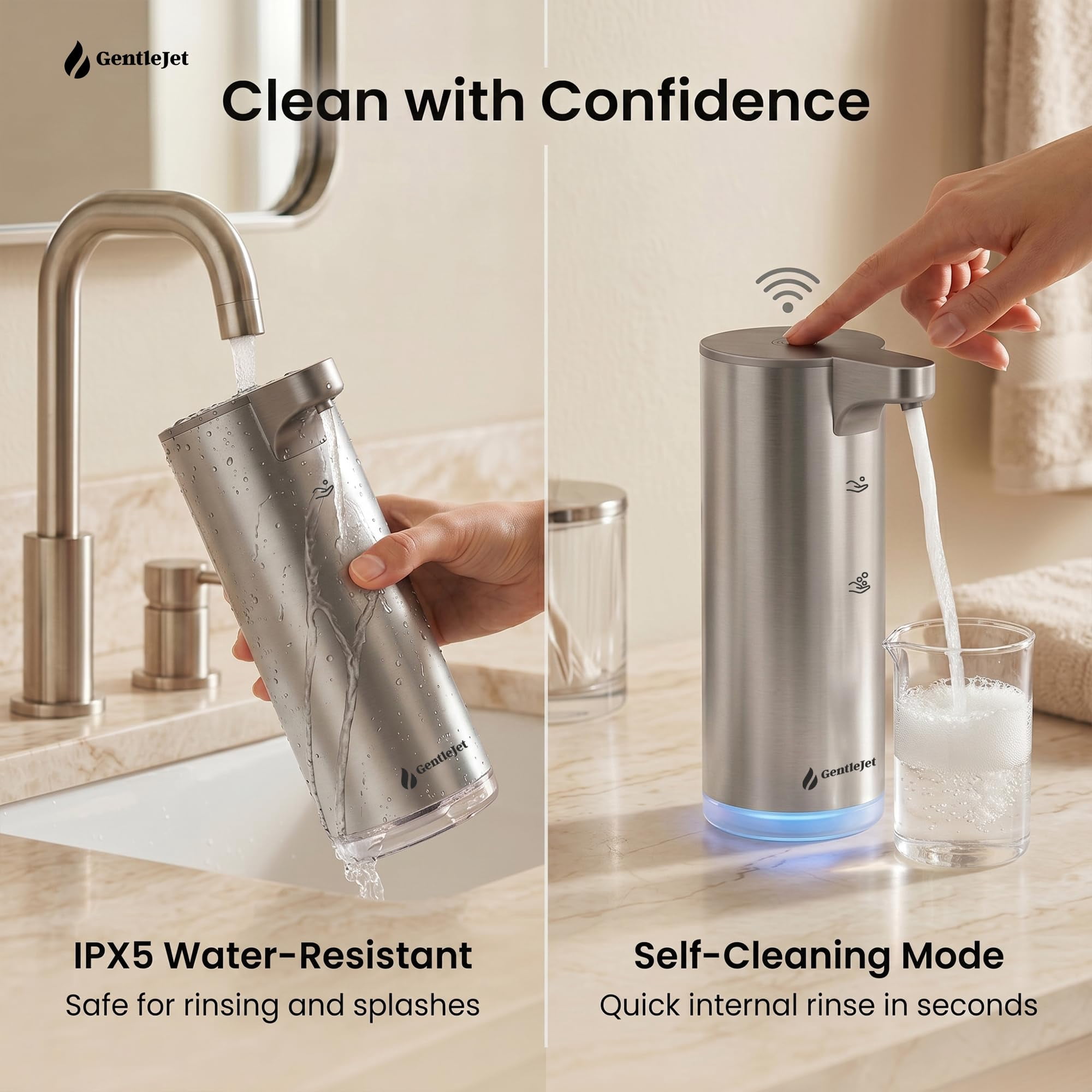GentleJet EasyFoam Automatic Foaming Soap Dispenser  Touchless Sensor, USB-C Rechargeable, 304 Stainless Steel, IPX5 Waterproof for Bathroom Kitchen Sink, 280 ml