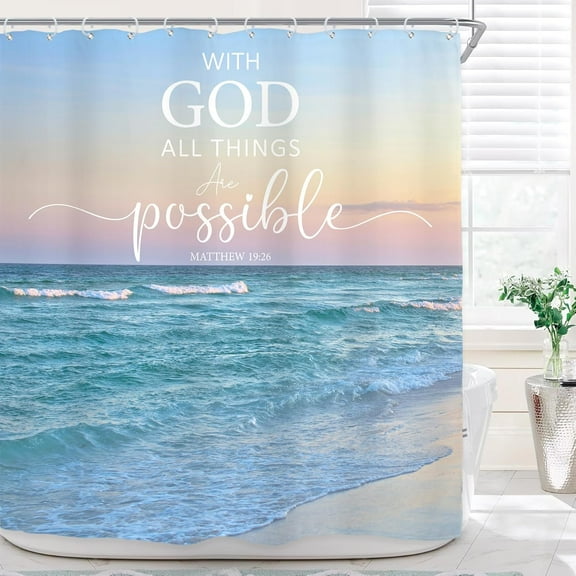 Beach Sea Bible Verse Shower Curtain for Bathroom Decor 72Wx72H Hawaii Blue Ocean Waves Christian Tropical Coastal Seaside Quote Art Printed Fabric Polyester Waterproof 12 Pack Plastic Hooks